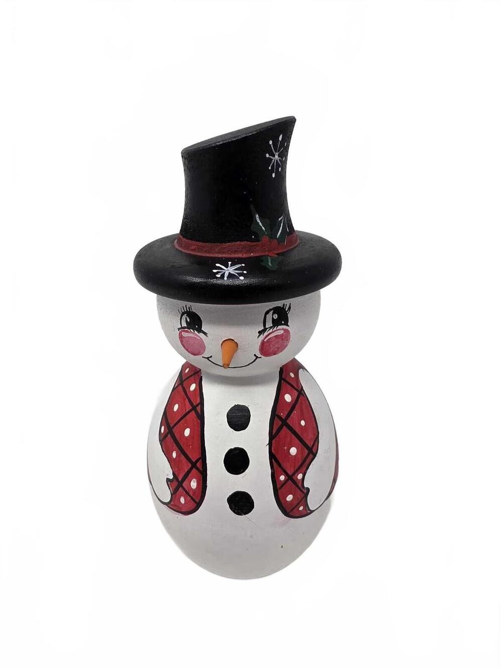 Hand Painted Wooden Snowman Figurine Top Hat Red Vest Christmas Decor
